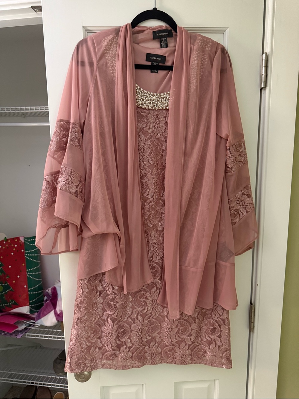 Pink Lace Dress with Sheer Overlay and Embellished Neck